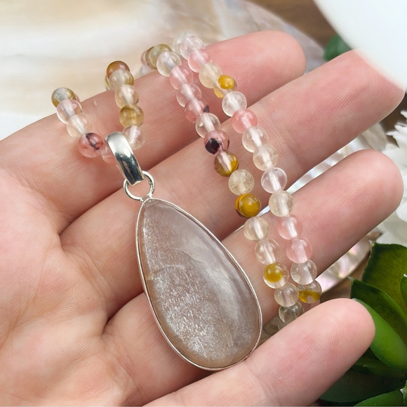 Solid Sterling Silver 925 Peach Moonstone Pendant Cherry Quartz Necklace New - Picture 3 of 11